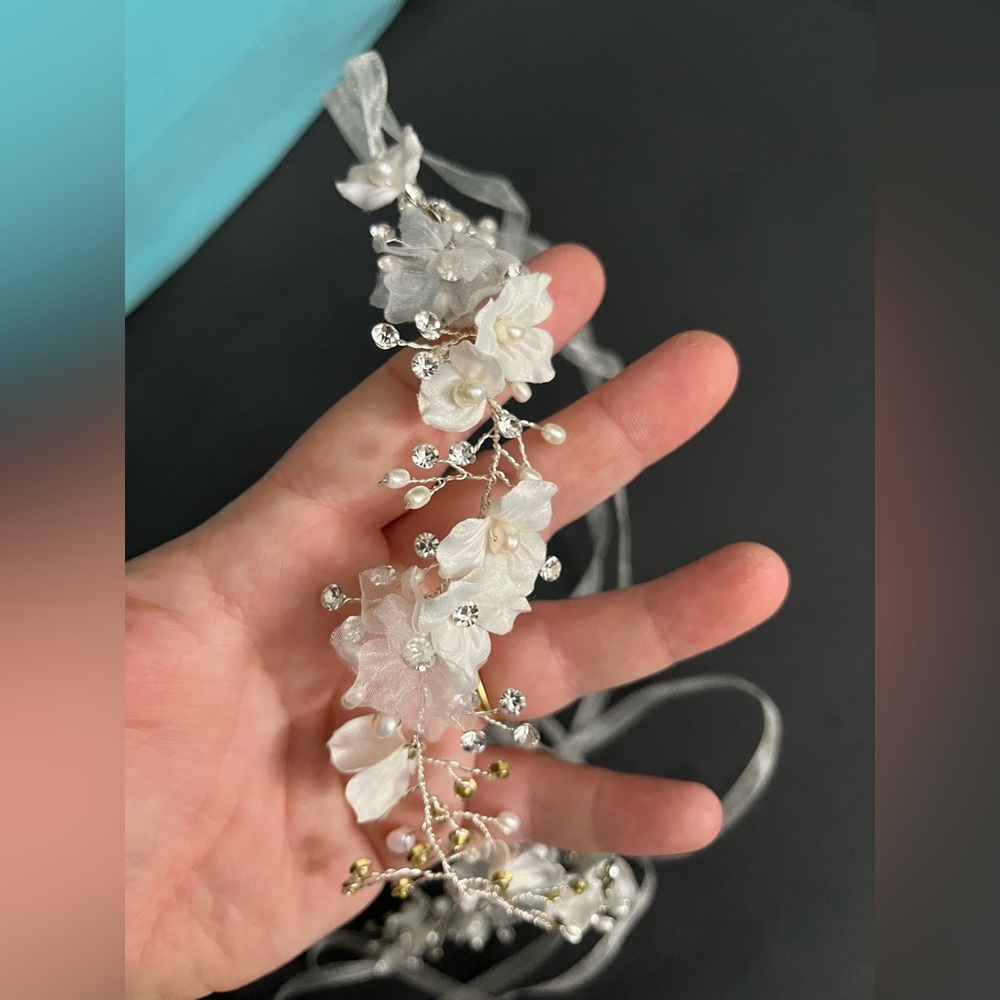 David’s Bridal - 3D Flower Ribbon-tie Headband w/ Pearls